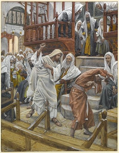 Jesus utdriver en uren ånd av en mann i synagogen. Maleri av J. Tissot.